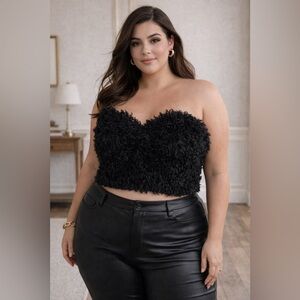 ELOQUII Fuzzy Bandeau Sweetheart Tube Top Faux Feathers Black 14 16